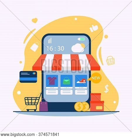 Online Shop Illustration, E-commerce In Flat Design