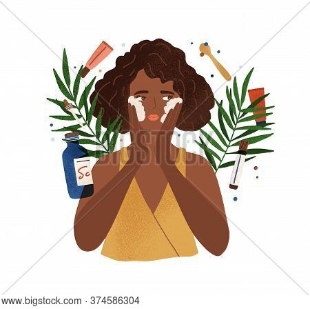 Cute African American Young Woman Applying Foamy Composition Wash Face Vector Flat Illustration. Fem