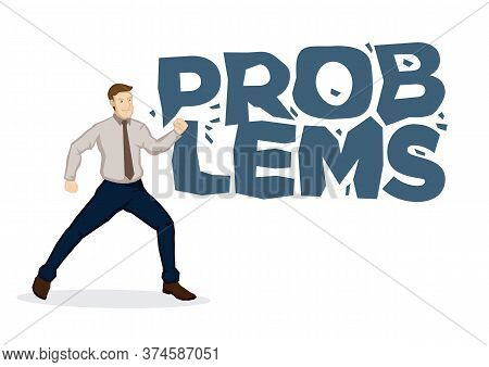 Businessman Fighting Problem When Finding A Way To Success. Business Concept. Flat Cartoon Style. Ve
