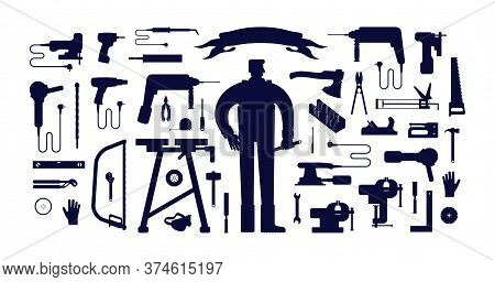 Stock Vector Illustration Of Workshop Tool Kit And Worker. Black Silhouettes On A White Background