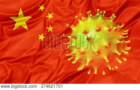Covid-19 Outbreak Or Novel Coronavirus, 2019-ncov, Virus Cell On China Flag. Covid 19-ncp Virus: Con