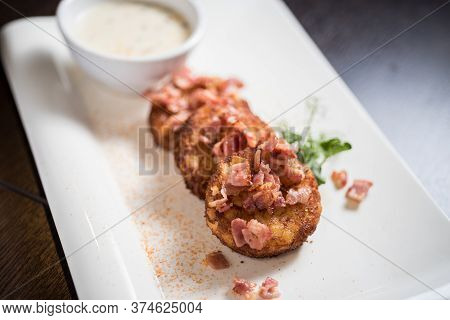 Potato Rosti With Bacon And Sauce, Deep Fried