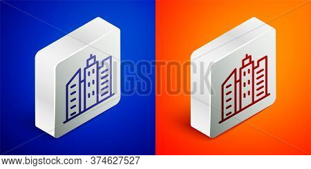 Isometric Line City Landscape Icon Isolated On Blue And Orange Background. Metropolis Architecture P