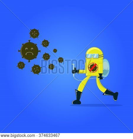 Superhero Figure Man With Glass Mask And Disinfectant Attack Coronavirus.
