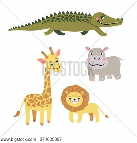 Set Of Wild Exotic Animals Living In Savannah Or Tropical Jungle. Vector Illustration Isolated On Wh