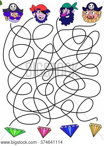 Funny Pirates Maze Game Stock Vector Illustration. Visual Puzzle For Kids With Cartoon Characters An