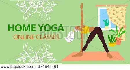 Banner For Web Page Template. Meditation And Home Yoga Classes Online Advertising. A Girl In A Track