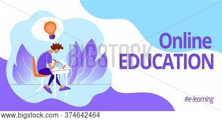 Banner For Web Page Template. Online Education And E-learning. Student Is Studying  Sitting At The T