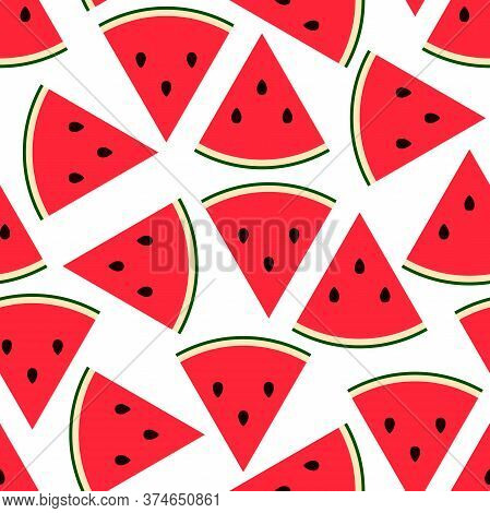 Seamless Watermelon Slice Pattern. Flat Sweet Fresh Fruit Isolated On White Background. Colorful Bri