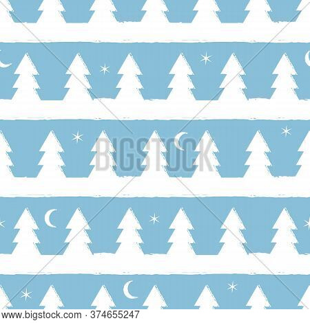 Winter Woodland Seamless Vector Pattern. Snow Covered Trees Landscape Surface Print Design For Seaso