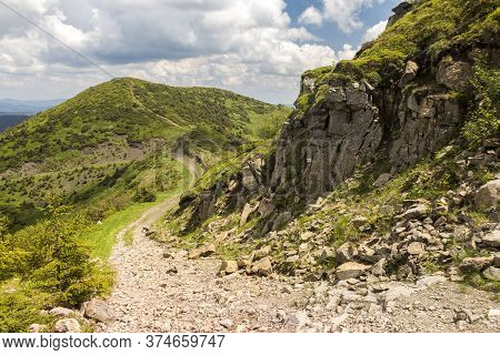 Rocky Trail To The Top Of Neniska Velyka Mountain (mica Mare). Travel Outdoor Concept View Of Carpat
