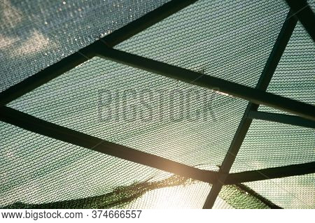 Dark Green Knitted Polyethylene Mesh Background. Agro Sun Shade Net Textured Surface Sample. Greenho