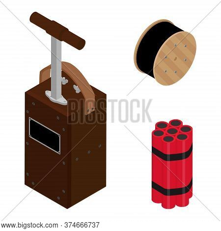 Blasting Machine Or Detonator Box, Dynamite Sticks And Black Wire Electric Cable Reel Isolated On Wh