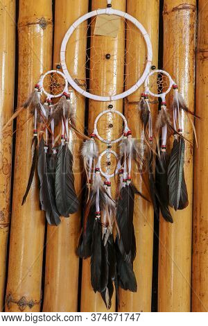 Real Native Dream Catcher On Pure Natural Wooden Background