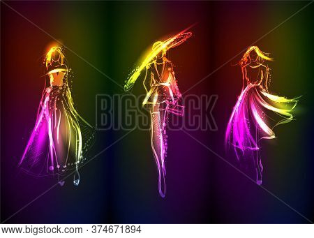Hand-drawn Fashion Model From A Neon. A Light Girl's. Fashion Girl.