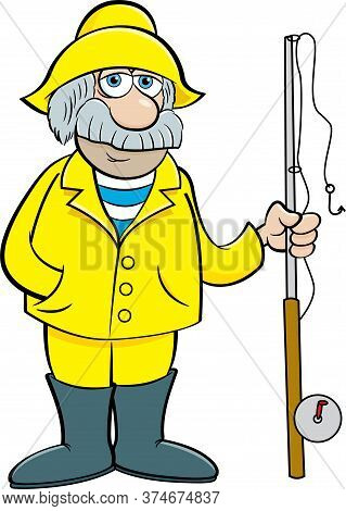 Cartoon Illustration Of An Old Sea Captain Holding A Fishing Pole.