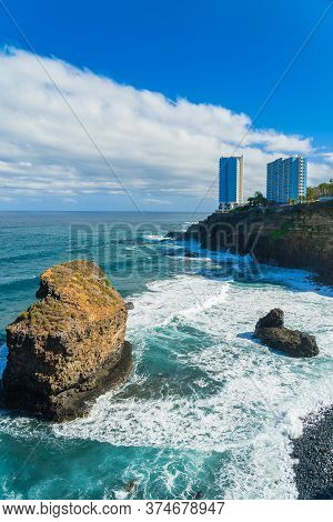 View On Ocean Shore And Hotel Buildings On The Rock In Punta Brava, Puerto De La Cruz, Tenerife, Can