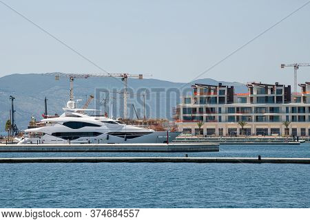 Yacht And Modern Houses Kumbor In Kotor Bay. Montenegro