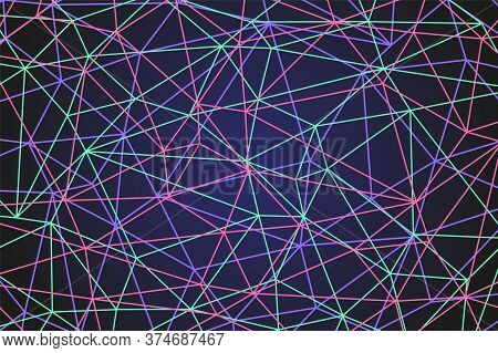 Abstract Dark Polygonal Background With Thin Purple, Pink, Green Lines.blue Horizontal Background Wi
