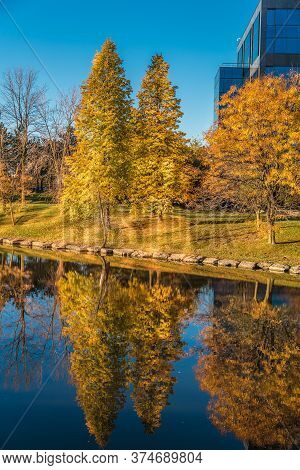Business Building Near The Pond In Fall. Markham, Canada