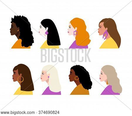 Collection Of Profile Portraits, Heads Of Female Characters. A Set Of Avatars. Of Different National