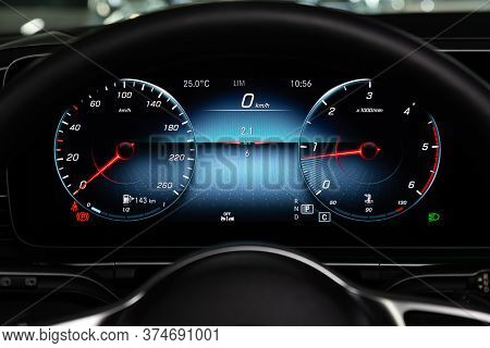 Novosibirsk/ Russia - April 21 2020:  Mercedes Benz Gle-class, Dashboard Closeup With Visible Speedo