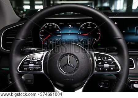 Novosibirsk/ Russia - April 21 2020:  Mercedes Benz Gle-class, Black Luxury Car Interior - Dashboard