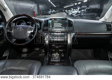 Novosibirsk/ Russia - June 15  2020:  Toyota Land Cruiser 200, Salon Of A New Stylish Car, Steering 
