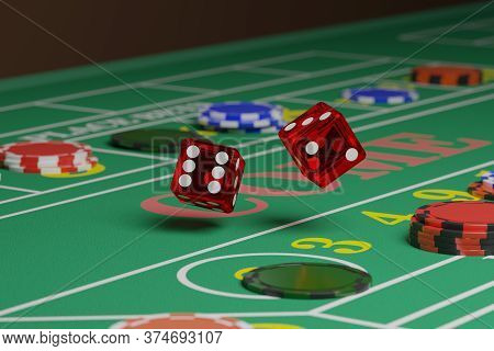 Close Up Of Dice Rolling On A Craps Table. Random Concept. 3D Illustration.