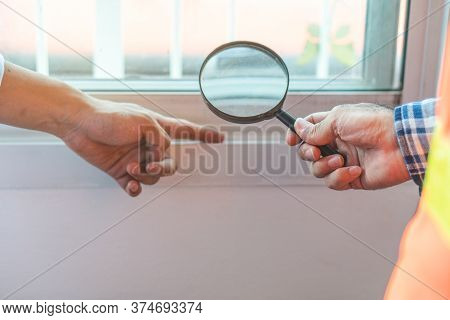 Inspection Checklist Review Material Property. Consultant House Inspector Holding Magnifying Glass C