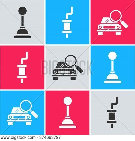 Set Gear Shifter, Car Muffler And Car Search Icon. Vector