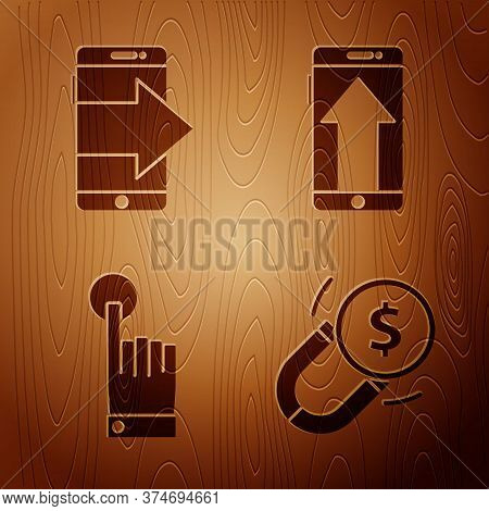 Set Magnet With Money, Smartphone, Mobile Phone, Hand Touch And Tap Gesture And Smartphone, Mobile P