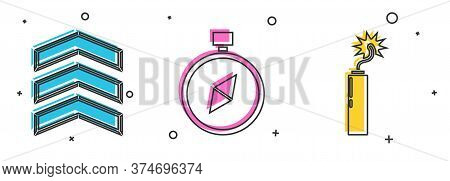 Set Military Rank, Compass And Dynamite Bomb Stick Clock Icon. Vector