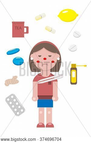 A Young Girl In A Flat Style Caught A Virus Or A Cold Flu. She Has A Thermometer Under Her Arm. She 