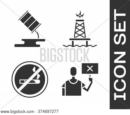 Set Nature Saving Protest, Barrel Oil Leak, No Smoking And Oil Rig With Fire Icon. Vector