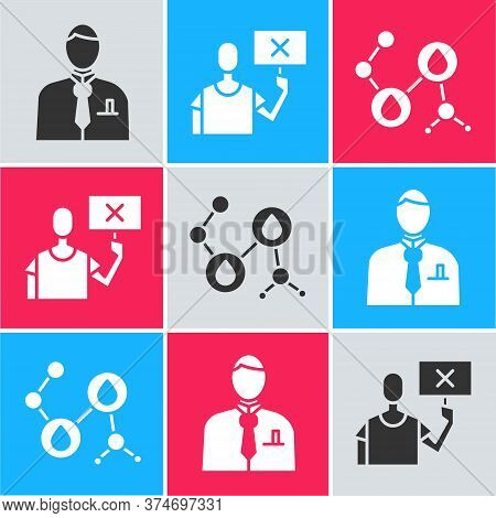 Set Businessman Or Stock Market Trader, Nature Saving Protest And Molecule Oil Icon. Vector
