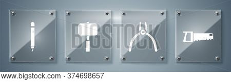 Set Hand Saw, Pliers Tool, Sledgehammer And Pencil With Eraser. Square Glass Panels. Vector