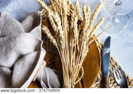 Rustic Table Setting With Wheat Ears