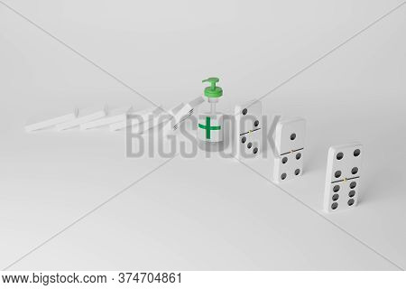 Gel Alcohol Bottle Stops The Dominoes From Falling On White Background. New Normal Concept. 3d Illus