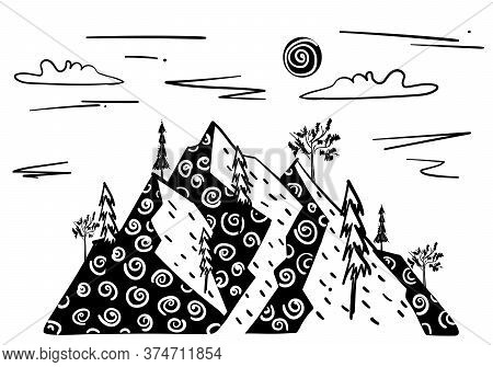 Stock Vector Illustration Of Line Art Landscape With Mountains And Trees With Texture. Hand Drawn De