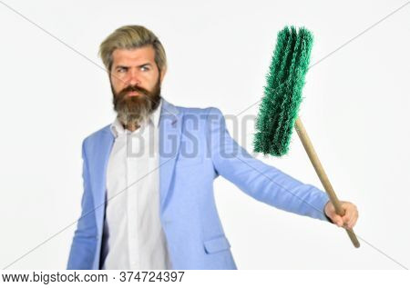 I Agree To Any Work. Businessman Hold Broom. Financial Crisis Concept. Global Crisis And Unemploymen
