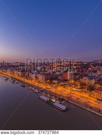 Aerial Drone Shot Of St. Anne Church Market Hall And Fisherman Bastion On Buda Hill