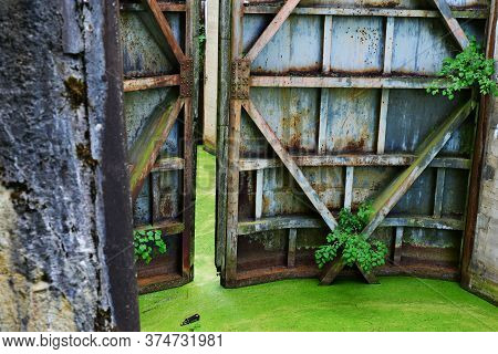 Old rusty floodgate
 gates abandoned anthropogenic landscape