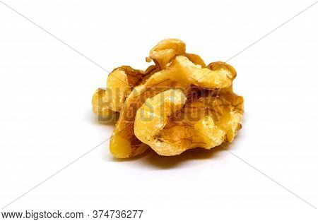 Natural Walnut On White Background. Cracked And Cleaned Nut Kernel. Simple Organic Food. Tasty Healt