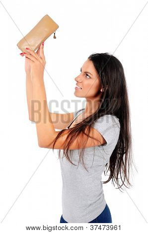 Isolated young casual woman looking purse