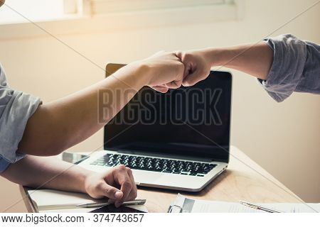 Friendship Celebrate Success Project Done Complete. Two Businessman In Start Up Team Doing Fist Bump
