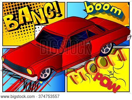 Comic Book Style, Cartoon Vector Illustration Of A Cool American Sports Car.