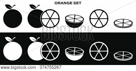 Fulll Set Of Orange, Grapefruit, Mandarin Icons. Whole, Cut, Slice And Ringlet. Part Of Menu Design.