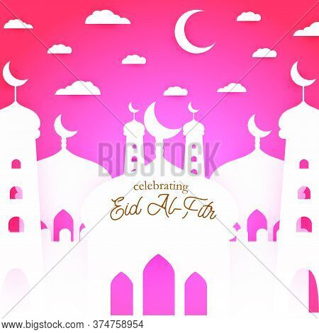 Ramadan Kareem Islamic Mosque With Minimal Composition In Paper Cur Style. Islamic Holiday Festival