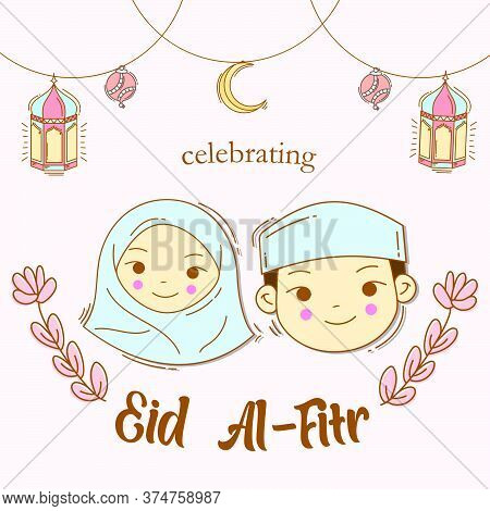 Happy Face Of Cute Muslim Boy And Girl Celebrating Eid Mubarak With Hand Drawn Style Illustration. I